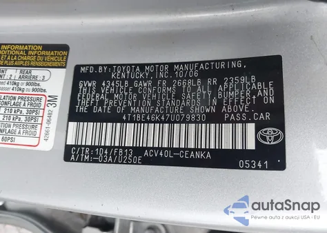 2007 Toyota Camry Ce z USA, uszkodzony, nr VIN 4T1BE46K47U079830
